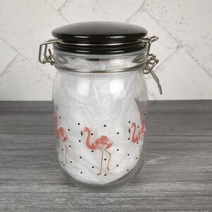 Flamingo Decor Glass Canister Glass Clamp Jar Pink Flamingos 7" Tall Retro